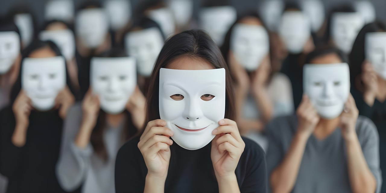 People conceal true emotions with happy masks in artwork about impostor syndrome. Concept Impostor Syndrome, Concealed Emotions, Artwork, Masks in Art, Emotional Deception