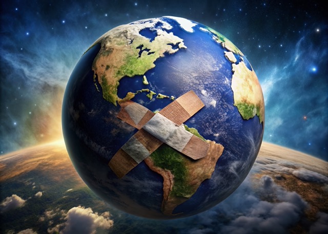 A sorrowful planet Earth with patches and bandages, symbolizing environmental harm and neglect, lies alone in a desolate atmosphere with ample copy space for added text or design.