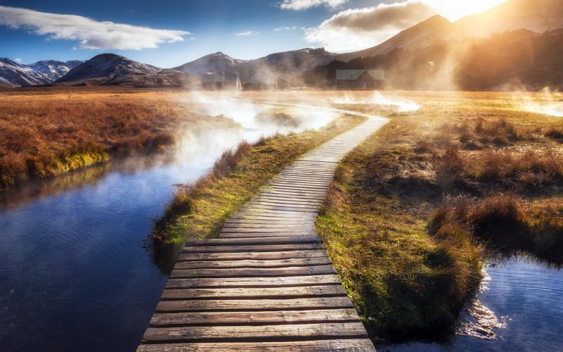 nature landscape path walkway mist mountain grass sunrise river clouds water